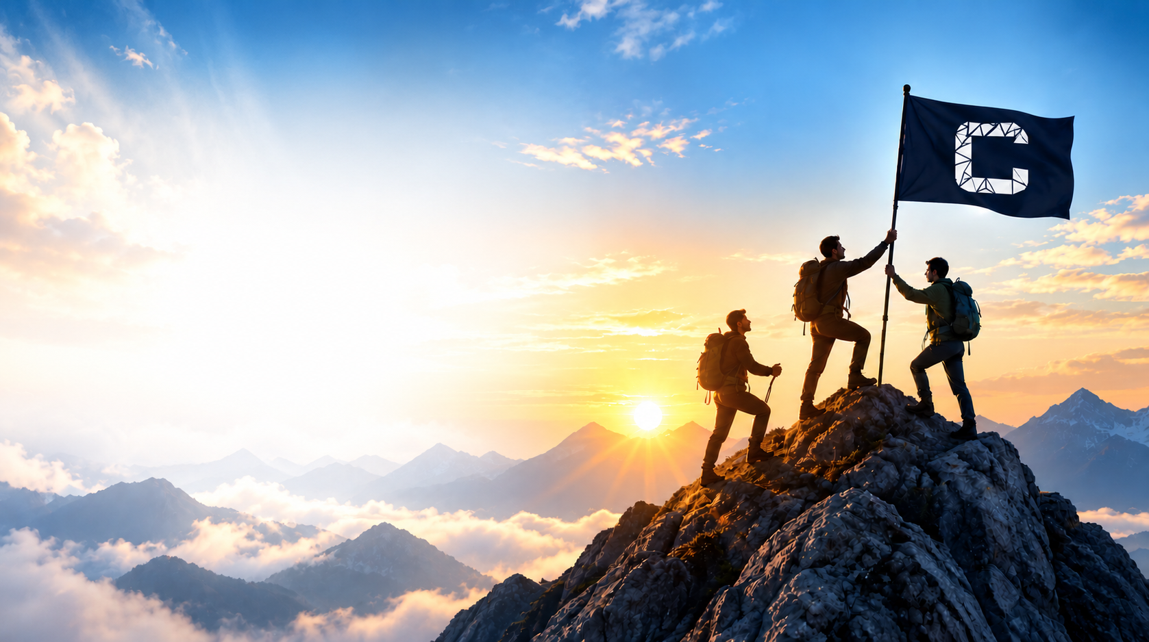 Cargo Shastra team planting the company flag at a mountain summit